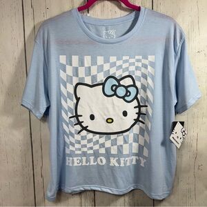 Hello Kitty By Sanrio Womens Blue Pajama Short Sleeve Tee Checkered Sleepwear